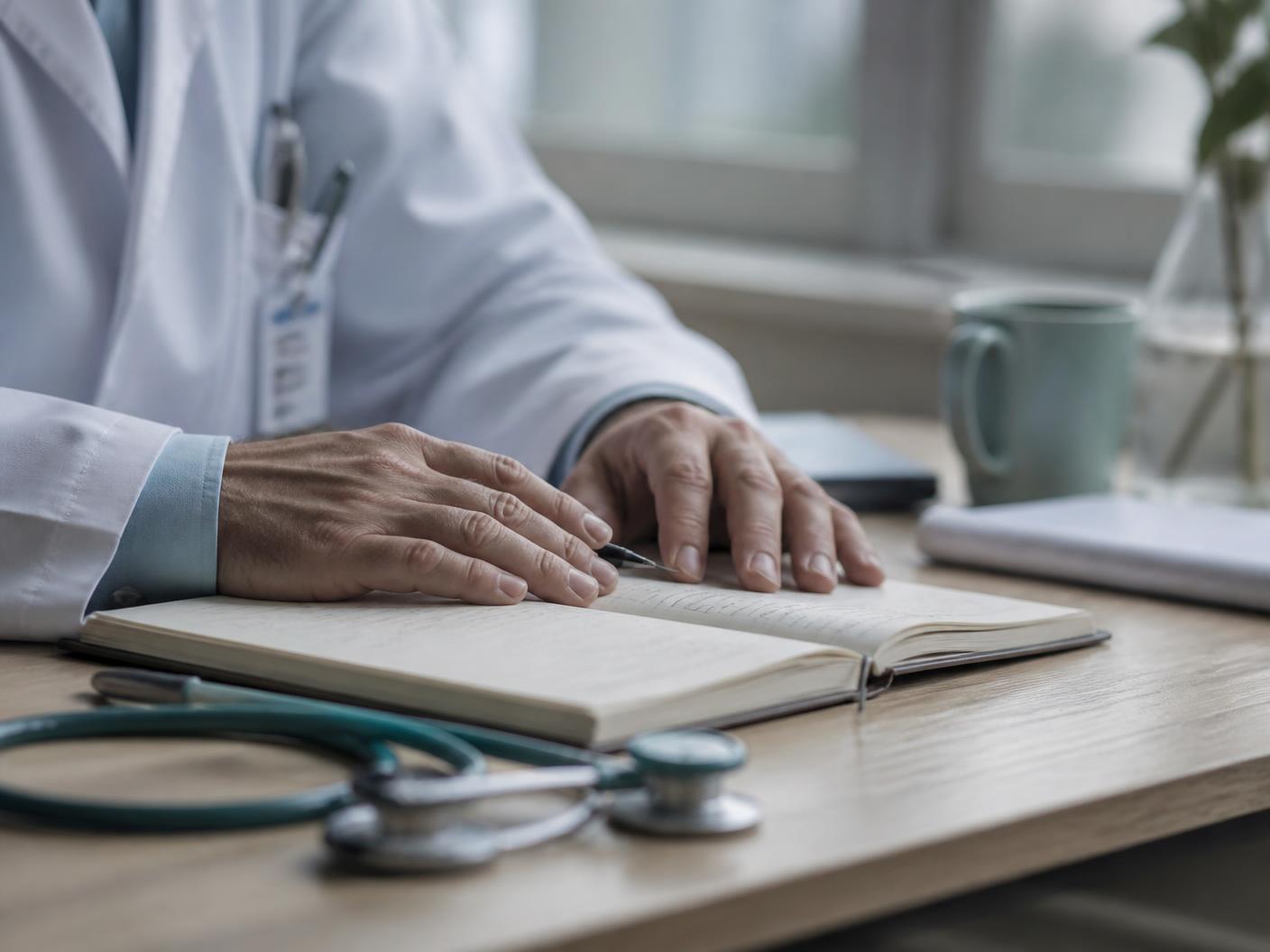 A doctor's hands resting on an open notebook beside a stethoscope on a wooden desk