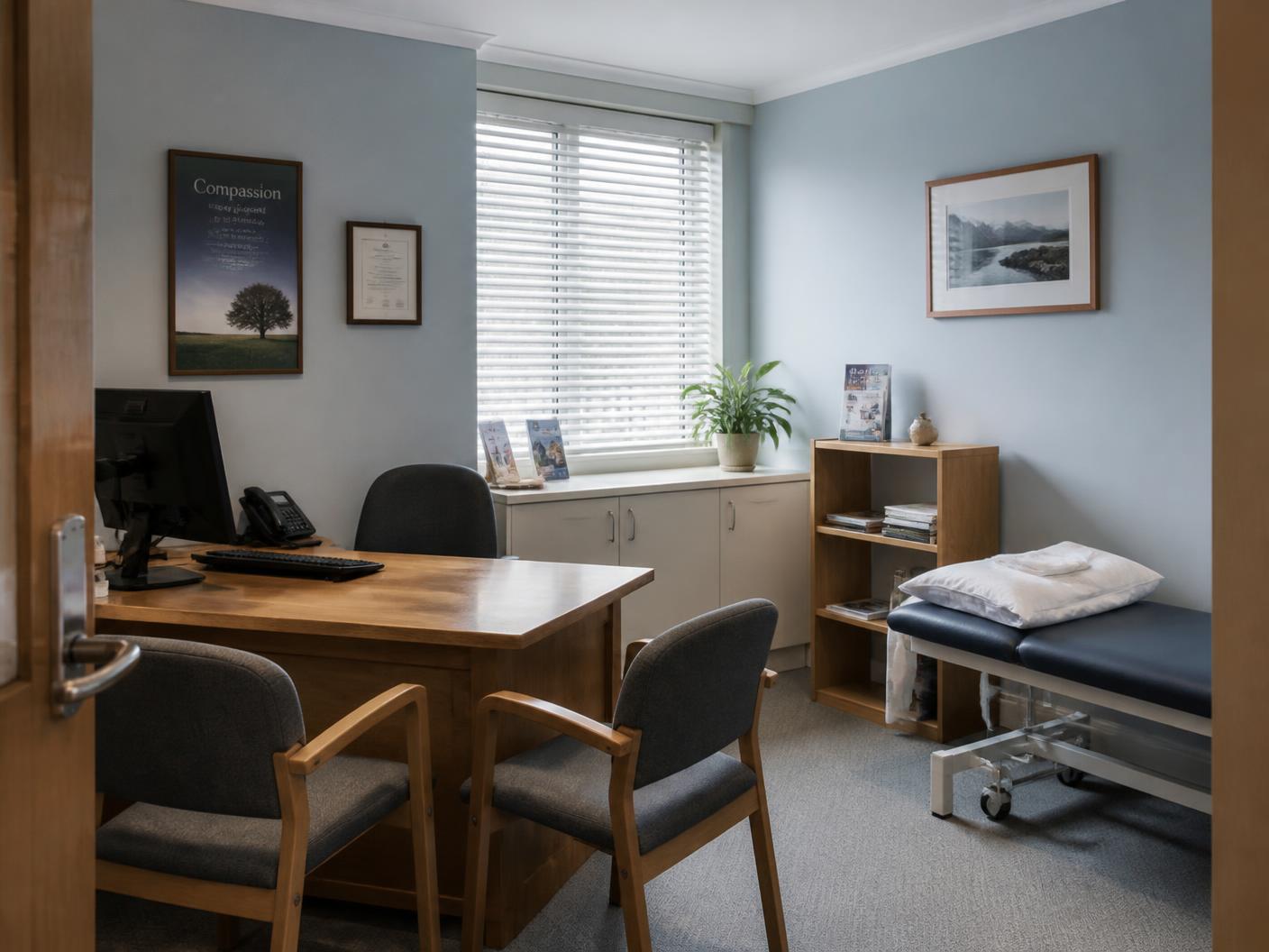 A calm, uncluttered consulting room with a wooden desk, two chairs and soft daylight